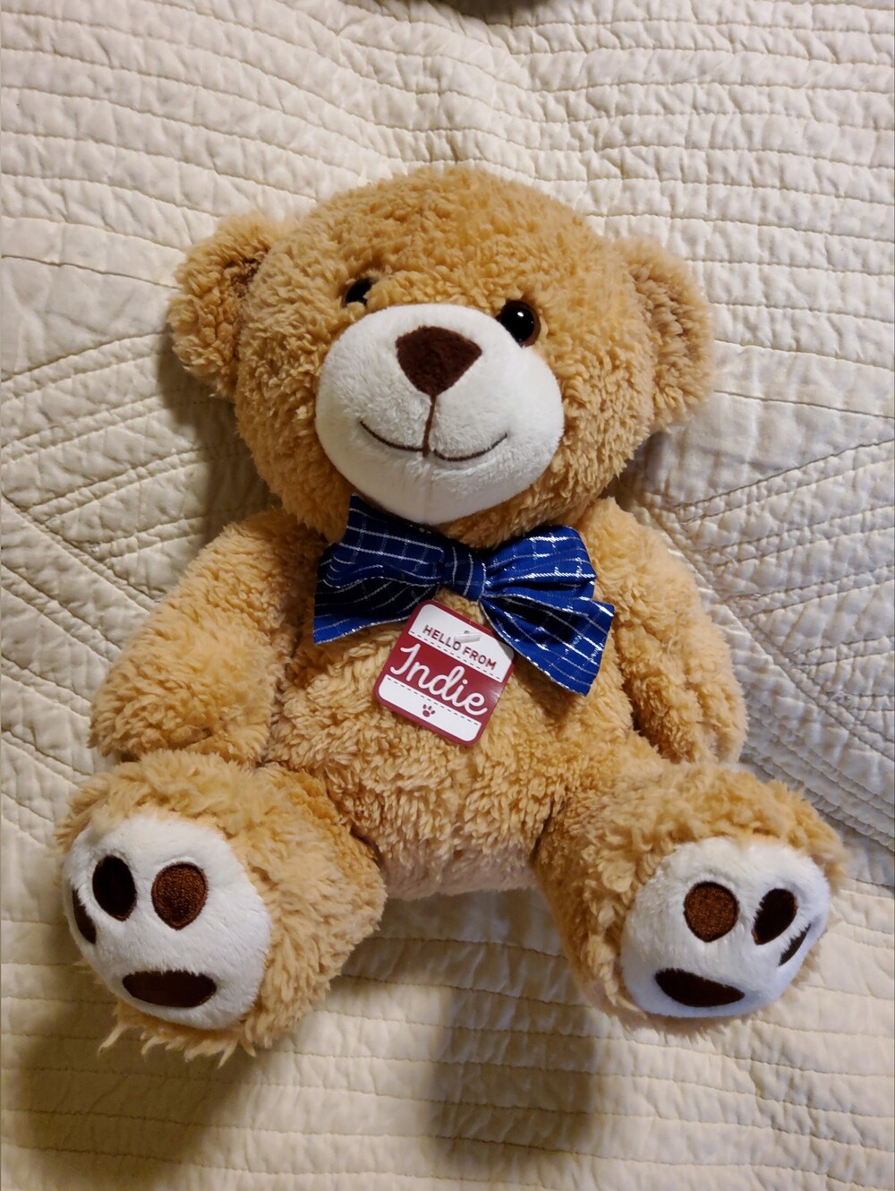 Indie Plush Teddy Bear in Tan with Blue Bow